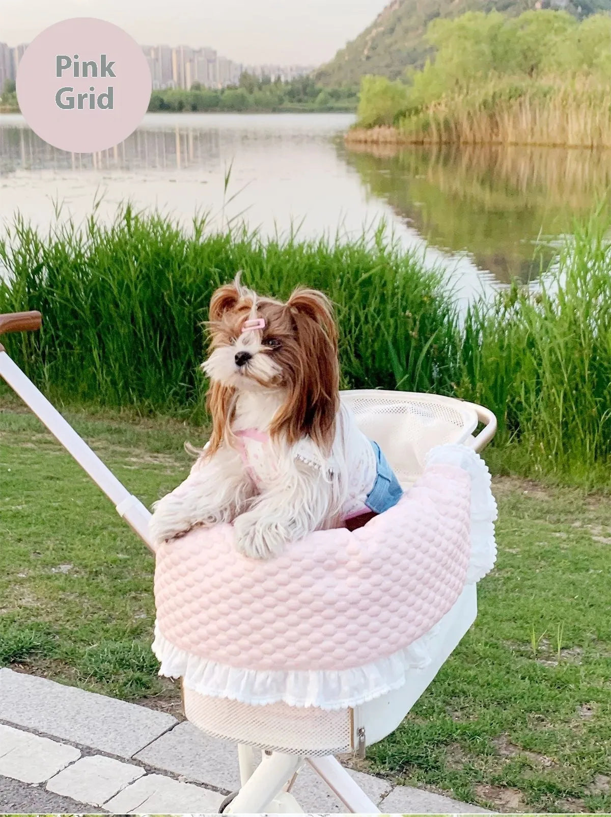 Pet stroller three-piece accessory set showing anti-dirty towel, cushion, and pillow in cotton cloth with floral pattern