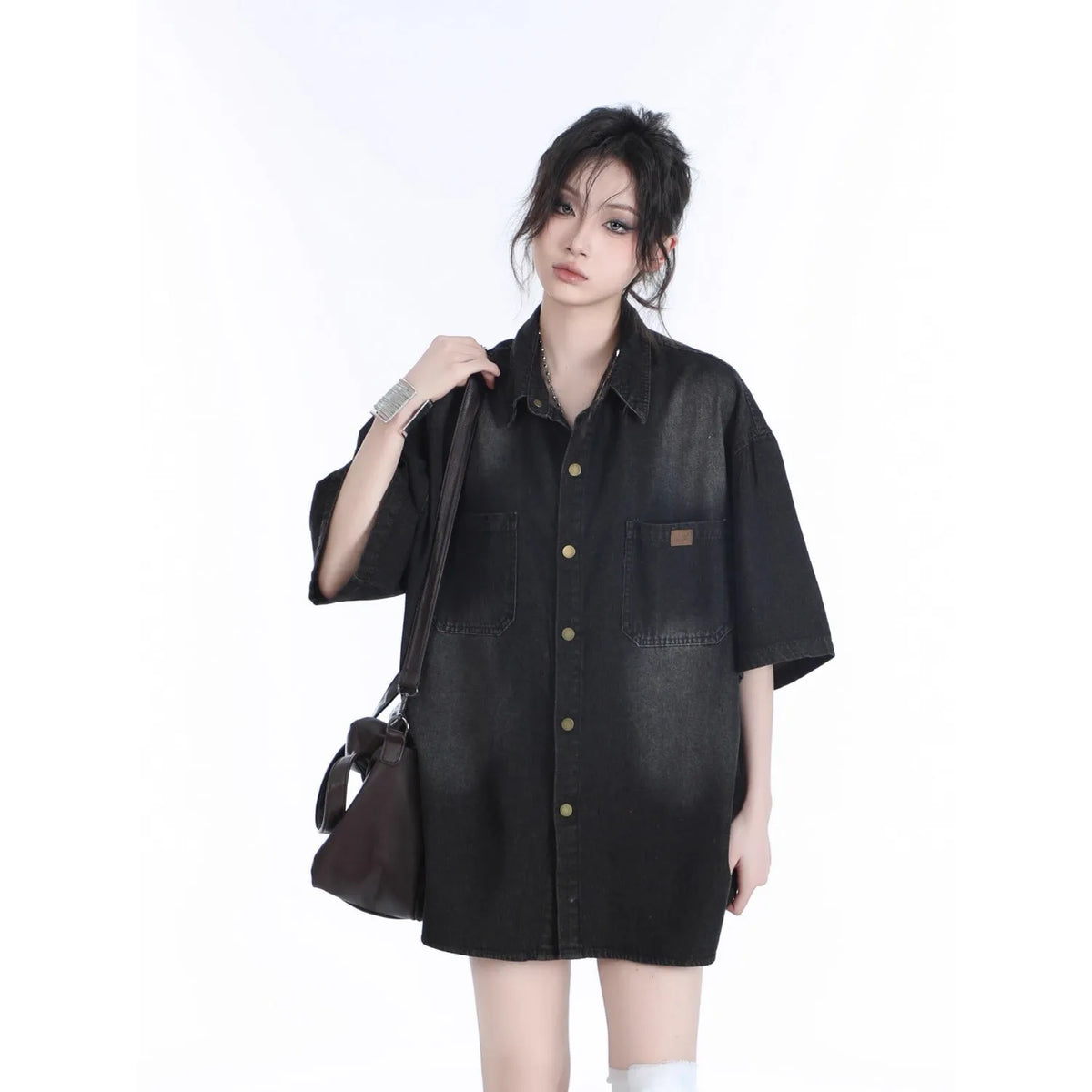 American retro heavy wash denim-look short sleeve colour block top in black or blue, sizes M to 3XL