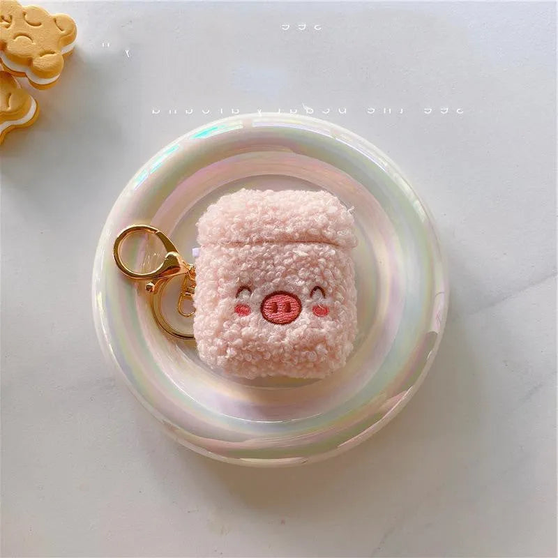 Plush pig flannel AirPods protective cover with bracelet in pink or beige