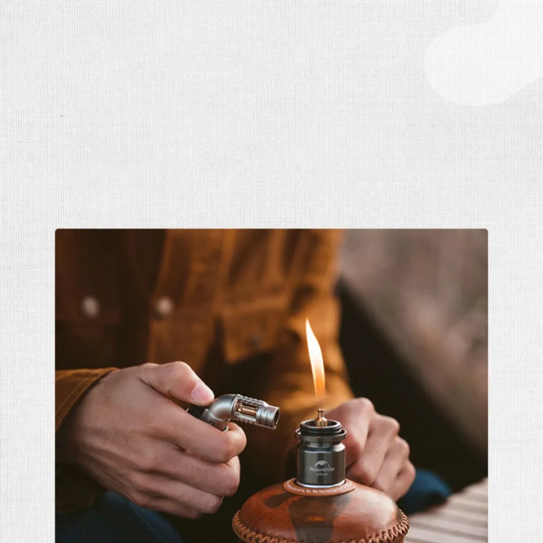 Portable gas cylinder light in silver, aluminum build, 120x50x50mm size, on outdoor background