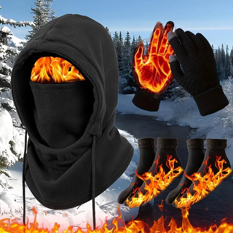 Black polyester winter hat gloves socks set including tapered hat and two pairs of socks