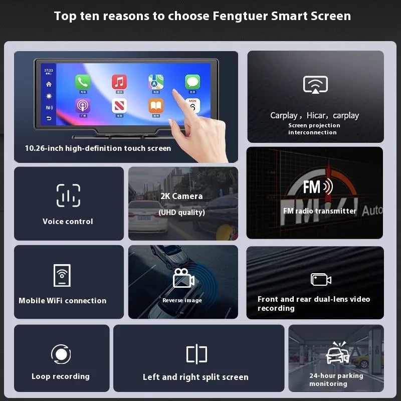 10-inch black car touchscreen head unit with Apple CarPlay interface displayed, mounted on a car dashboard.