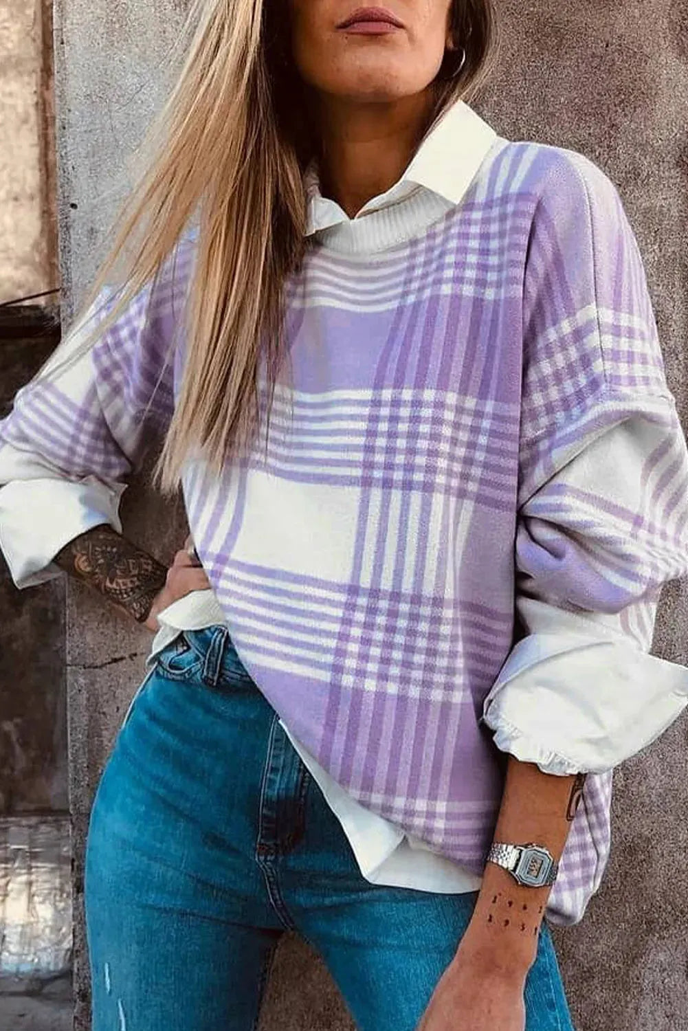 Women's lilac plaid print loose sweater with ribbed trim on cuffs and hem.