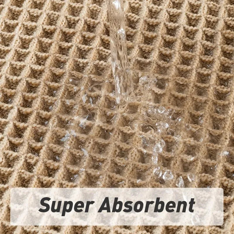 Beige checkered non-slip bathroom carpet mat on tiled floor.