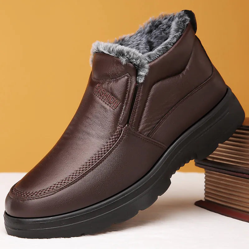 Men's black winter slip-on shoes with fleece lining and rubber sole