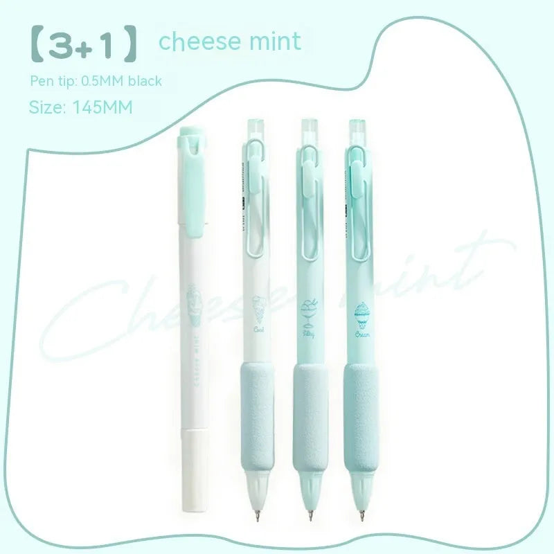 Set of four double-headed highlighters with 0.5mm fine tips and chisel tips in neutral colours.