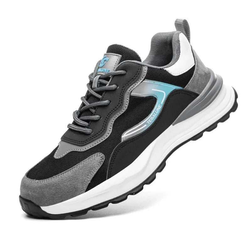 Men's low-top lace-up work shoes in suede and mesh with a plastic steel toe cap.
