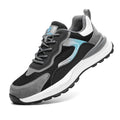 Men's low-top lace-up work shoes in suede and mesh with a plastic steel toe cap.