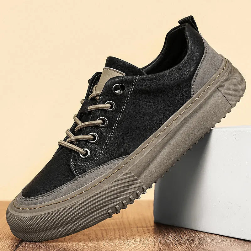 Men's black round toe leather shoes with lace-up front and rubber sole