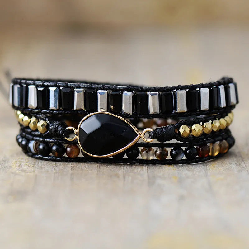 Handmade water drop obsidian bracelet on leather rope, French retro style, unisex jewellery