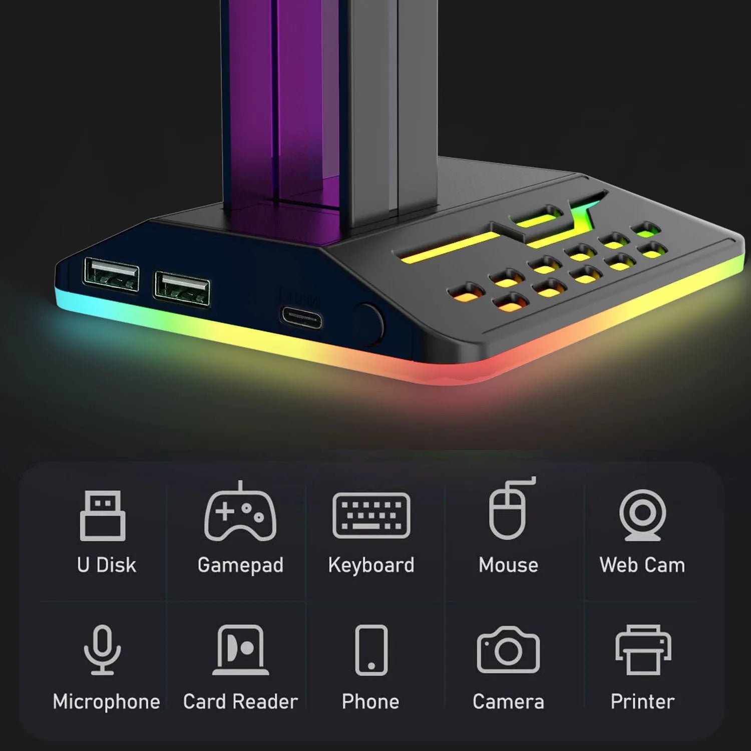 RGB colour-changing headset display bracket with integrated dual USB ports on the base.
