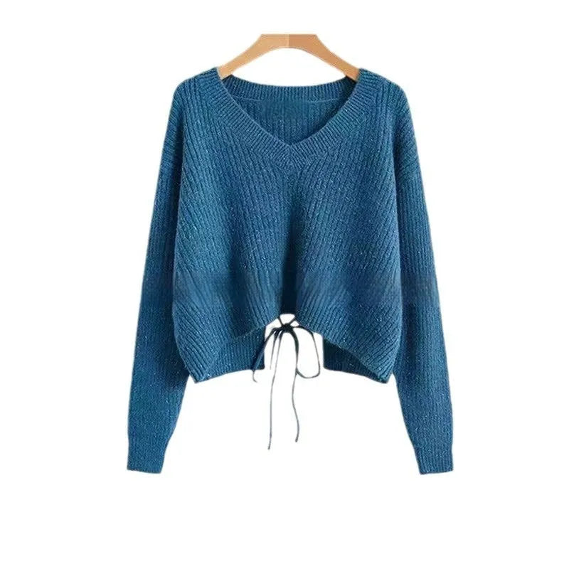 Women's cashmere blend tied V-neck sweater pullover in beige for street fashion casual wear