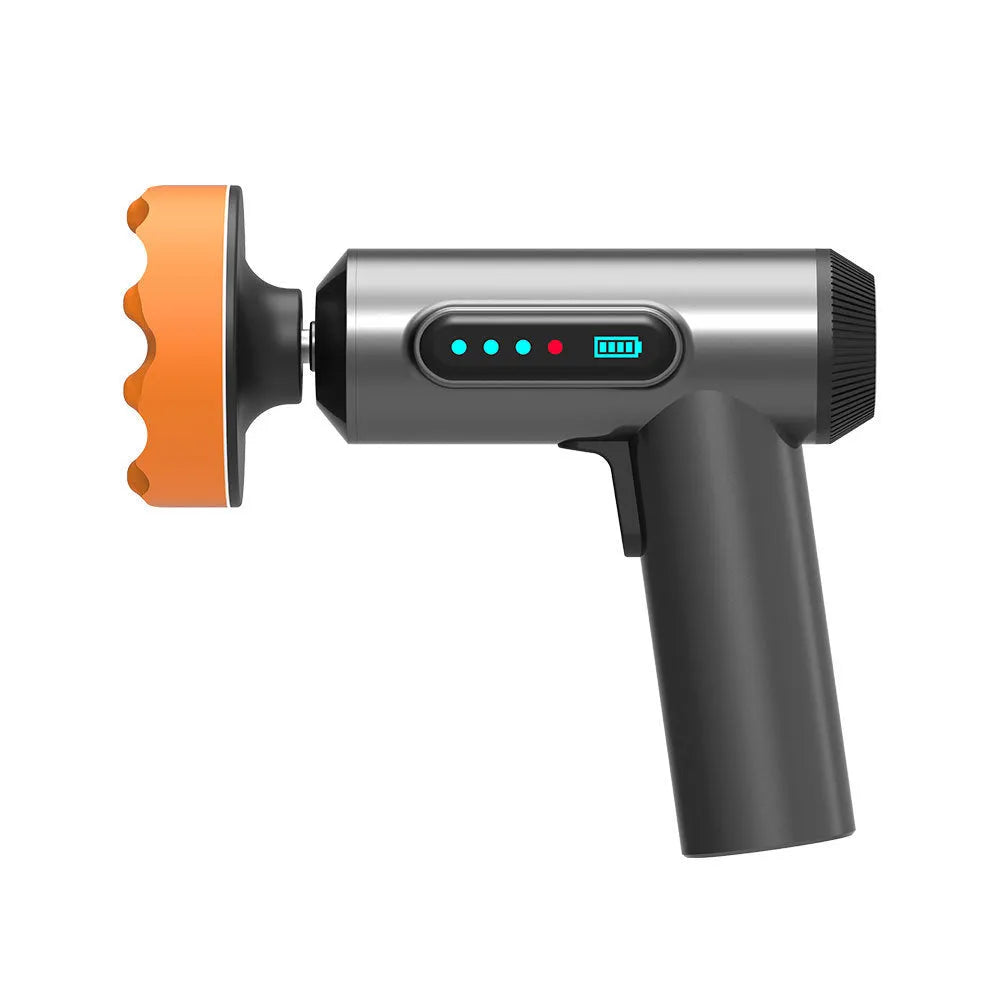 A small white wireless waxing and polishing machine with a black handle and a round grey polishing disc attached.