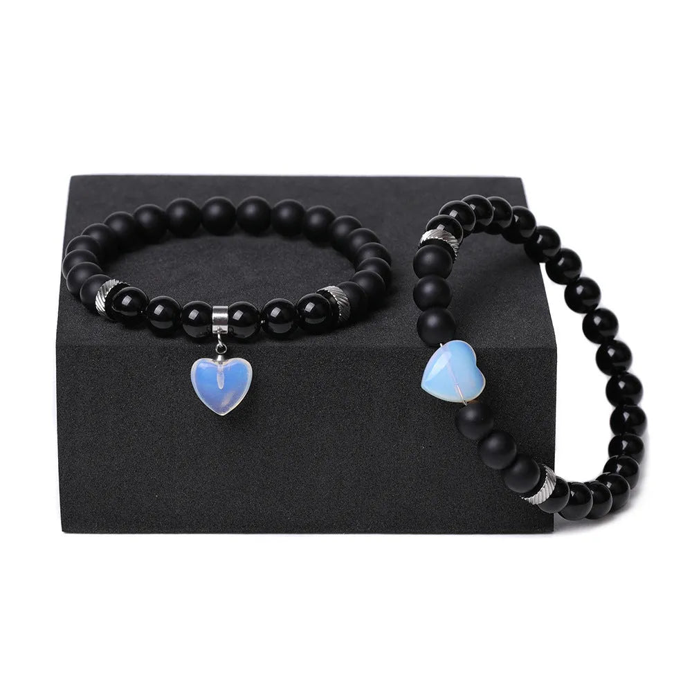 Natural stone couple matching bracelets with polished heart pendants in multiple colour variations