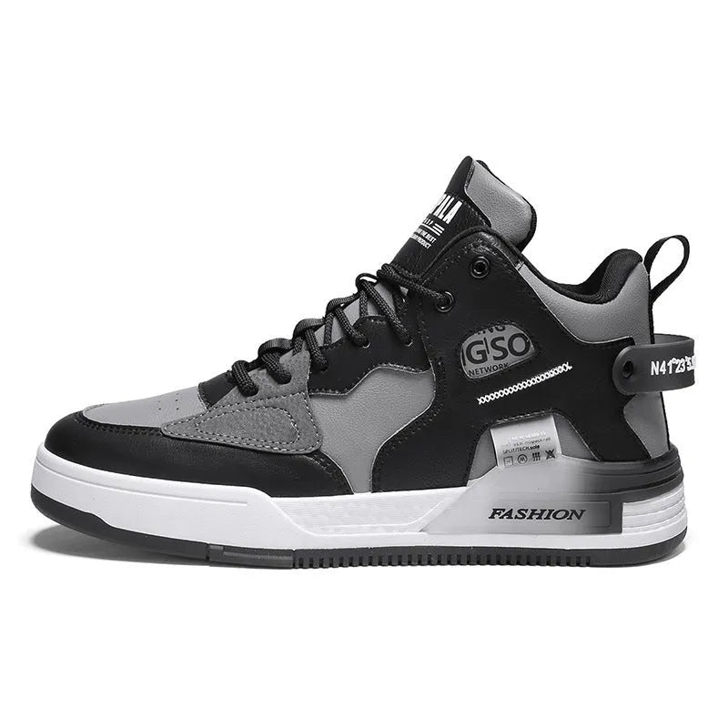 Men's khaki high-top casual shoes with PU upper and rubber sole on flat surface