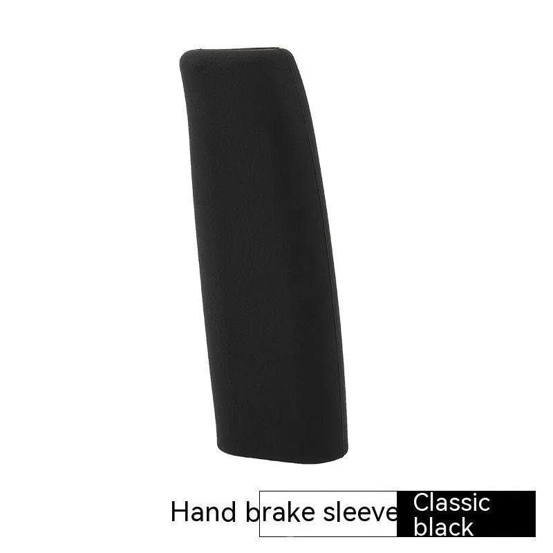 Universal silicone handbrake sleeve in black, grey, beige, red, and blue colours shown next to a car handbrake.