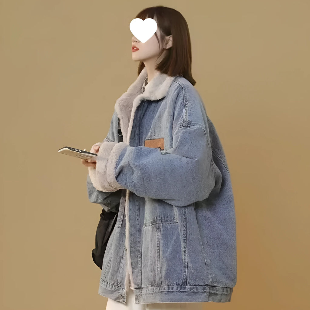Hong Kong style denim jacket with lamb fur for women, blue, long sleeves, literary retro design