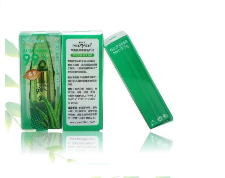 Aloe vera colour changing lipstick with moisturising aloe gel in compact tube packaging