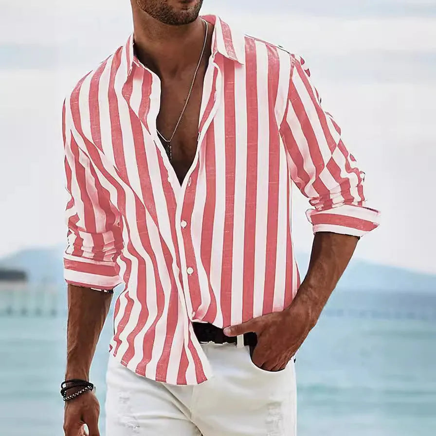 Men's loose-fit striped long-sleeved shirt in British cardigan style, available in light grey, black, pink, dark grey, red, and blue.
