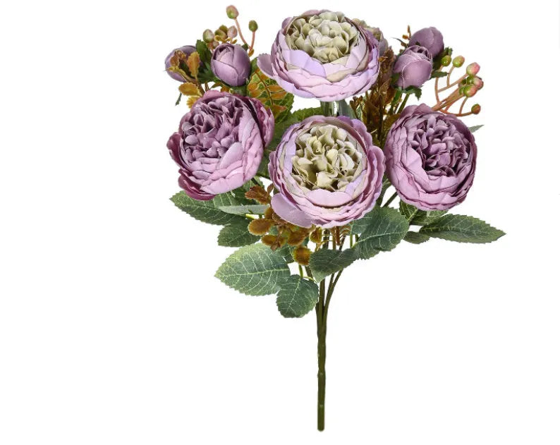 Artificial silk peony flower bouquet in a vase, 45cm tall, in champagne colour