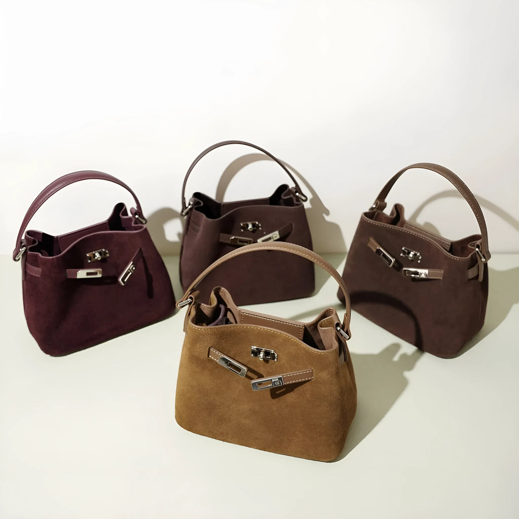 Cortical women's spliced casual crossbody bag in genuine suede leather, vertical square shape, calf brown