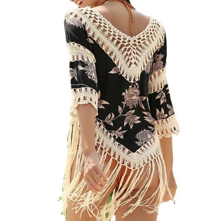 Women's apricot sun protection blouse with V-neck and hollow-out long sleeves for swimming