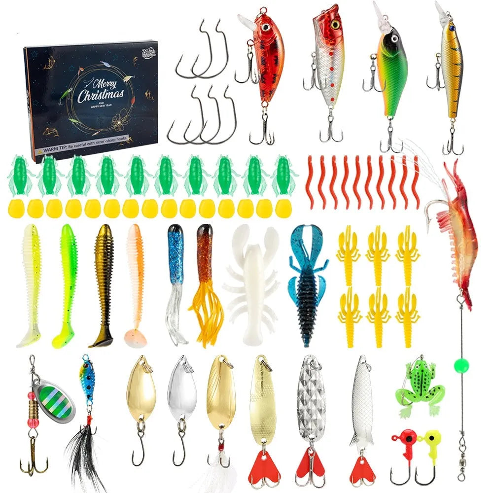 Closed blind box containing the 24-piece Mino Bog metal fishing lure and hook set on a rustic background.