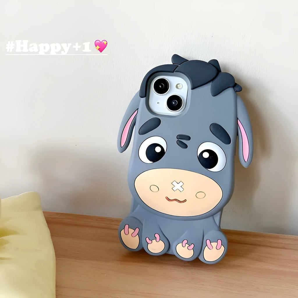 Gray silicone phone case with stereo cartoon little donkey design and epoxy finish for Apple iPhone