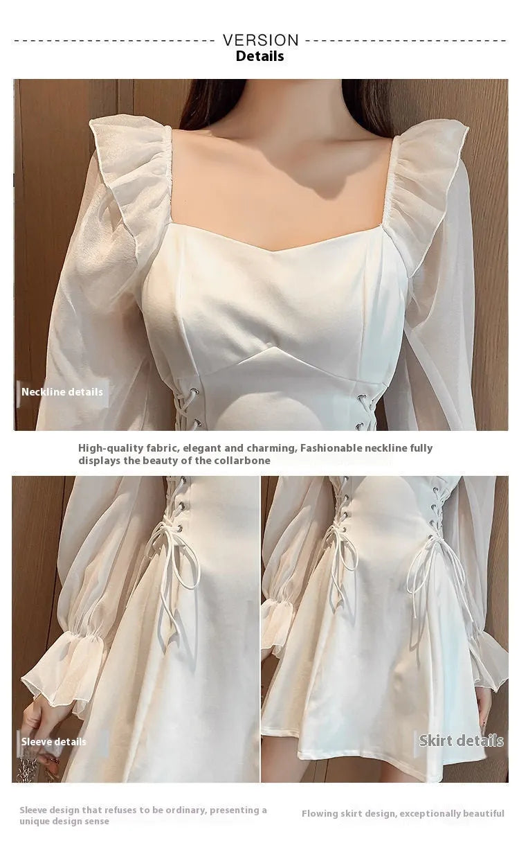 White waist-slimming chiffon patchwork dress with long sleeves on a woman.