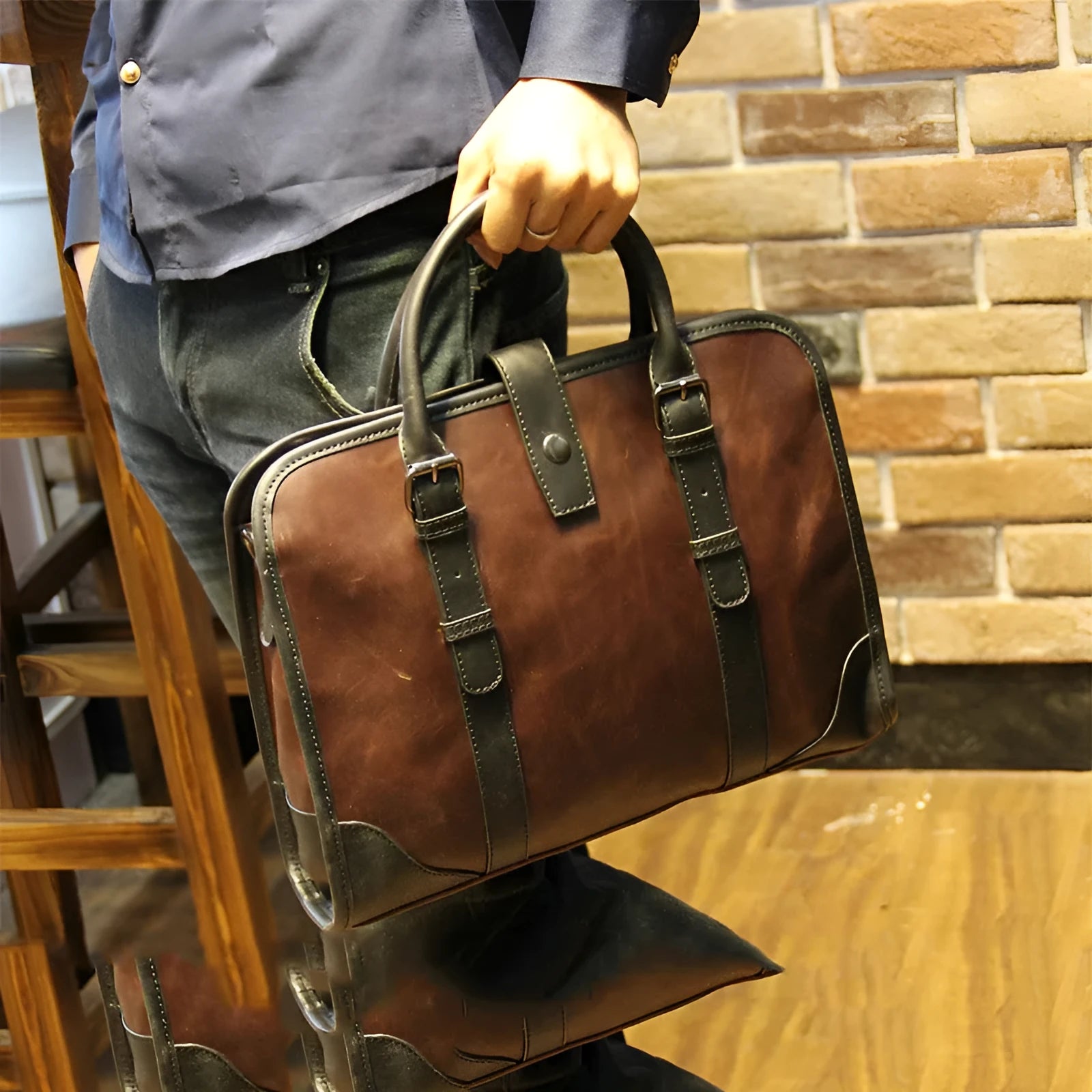 Men's cowhide leather handbag in black, horizontal square shape, medium size, with zipper closure and hard handle