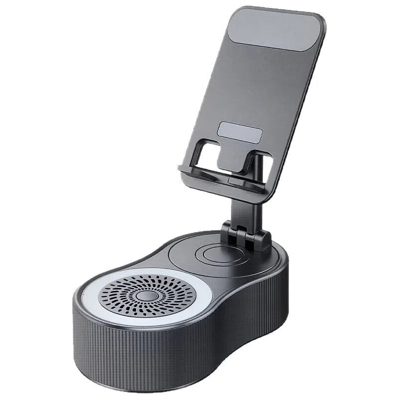 5-in-1 rotating adjustable phone stand power bank Bluetooth speaker in black with single microphone