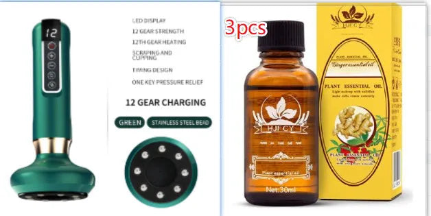 Green electric vacuum cupping massager device with USB cable on a white background