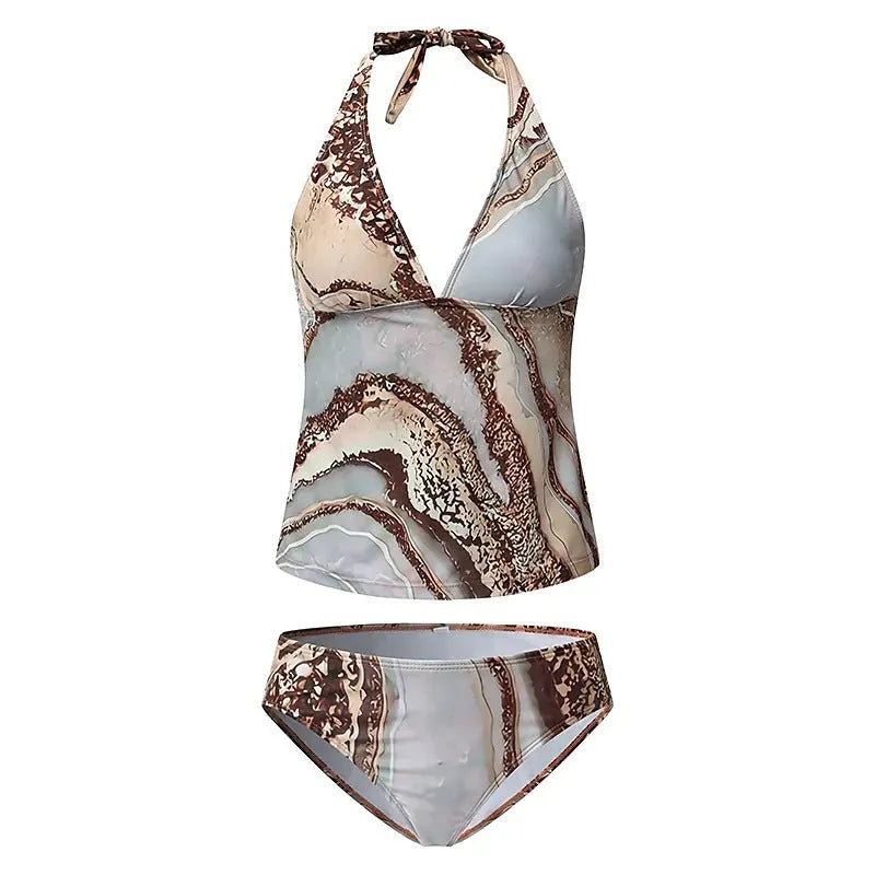 Brown women's polyester bikini swimsuit with split design on mannequin
