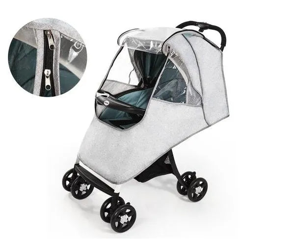Universal baby stroller rain cover in blue, showing nonslip handle and pedal on a pram.