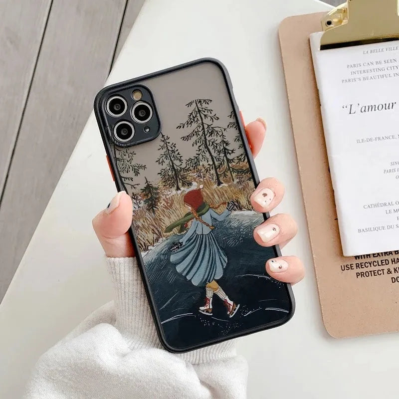 Vintage cartoon scenery girl phone case for iPhone models with Japan and South Korea style, options A B C