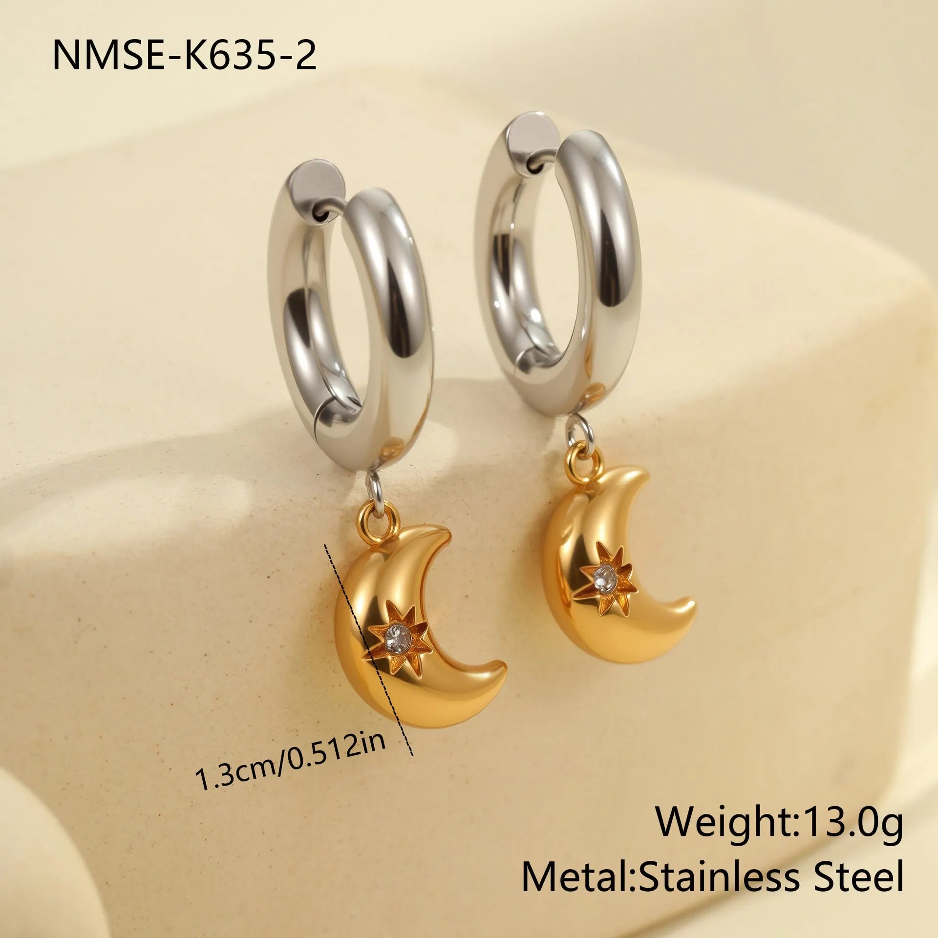 Stainless steel geometric earrings with 18K electroplated finish showing heart and star shapes