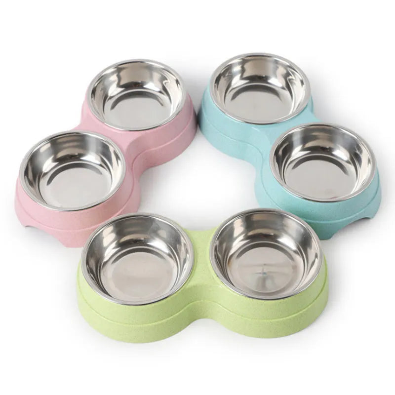 Stainless steel rice bowl pet supplies in blue, green or pink, 24.5 x 13.5 x 4.6 cm