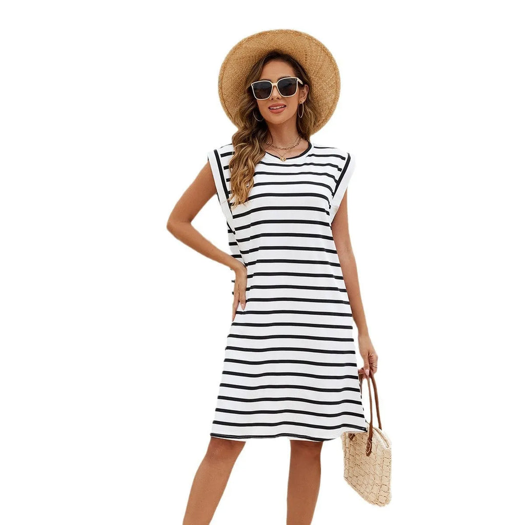 Black and white striped polyester beach cover-up blouse for women free size