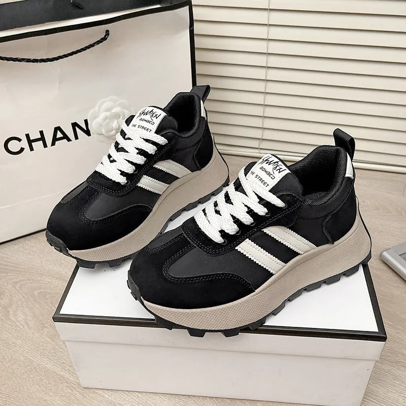 Women's platform casual sneakers, retro round toe, microfiber upper mesh lining, beige, black, red