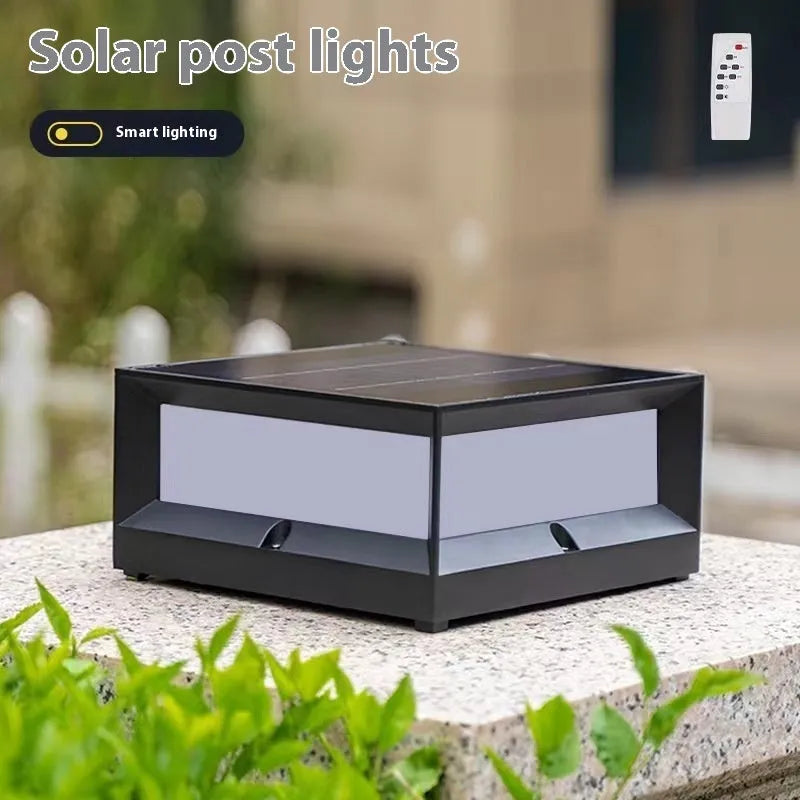 Solar-powered aluminium outdoor column light mounted on a wall, showing two size options for garden pathways.