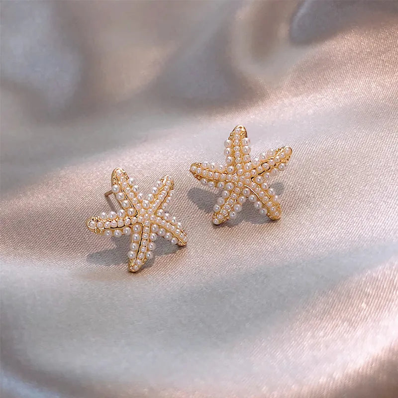 Korean style pineapple starfish pearl earrings with alloy electroplated finish and artificial gemstone inlays