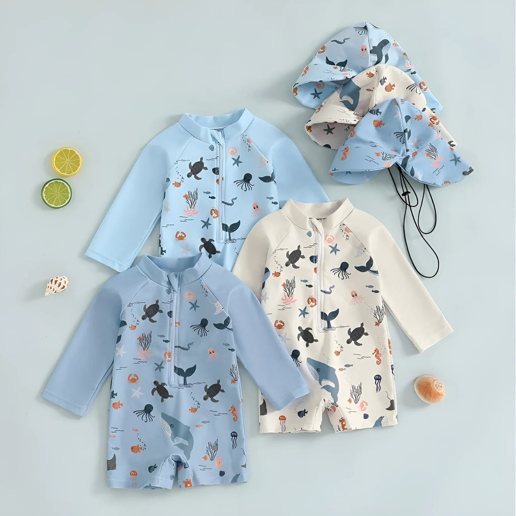 Boys' one-piece swimsuit with hat, long sleeves, polyester, cartoon pattern, light blue