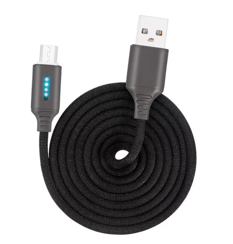 Fabric braided USB charging cable, 1 metre long, with connectors for phone and USB port.