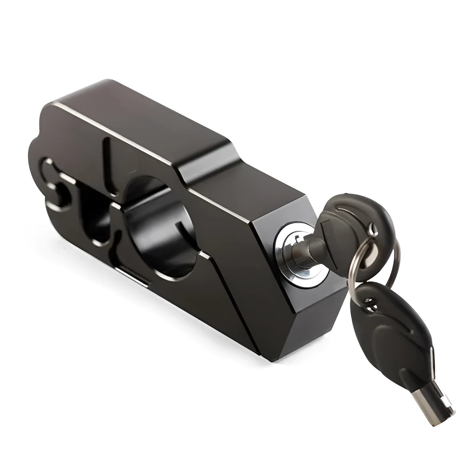 Black motorcycle handlebar lock with CNC aluminium body and stainless steel wire, shown attached to brake lever