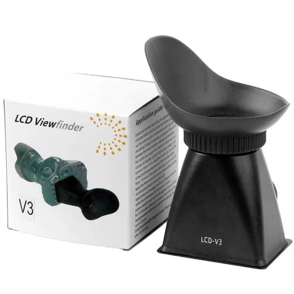 Black camera LCD magnifier loupe attached to a DSLR showing a magnified display screen for video shooting.