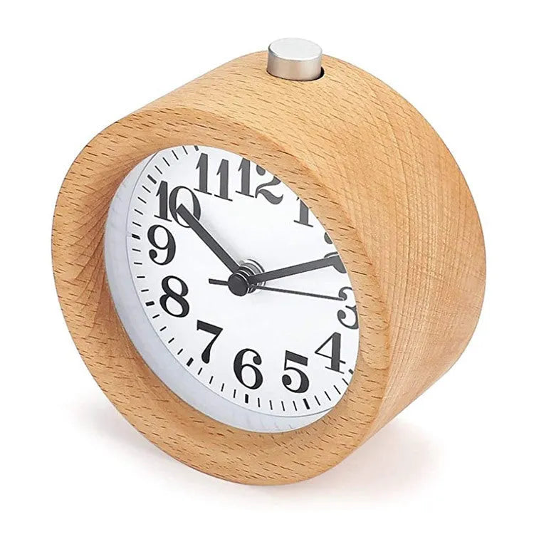 Solid beech wood analogue alarm clock with a white dial and small mirror.