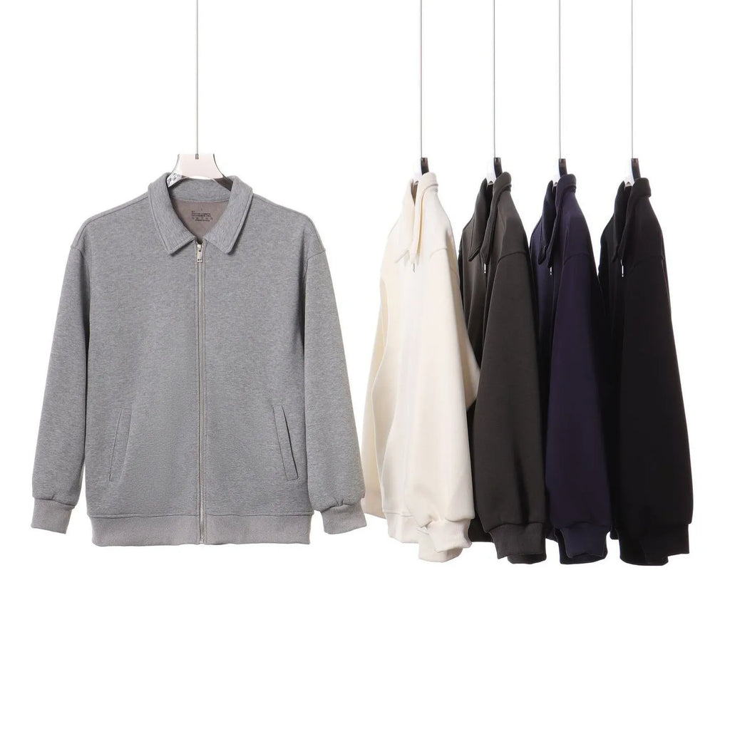 Japanese retro heavyweight 420g silver fox fleece zip-up jacket in heather gray, loose fit with lapel collar