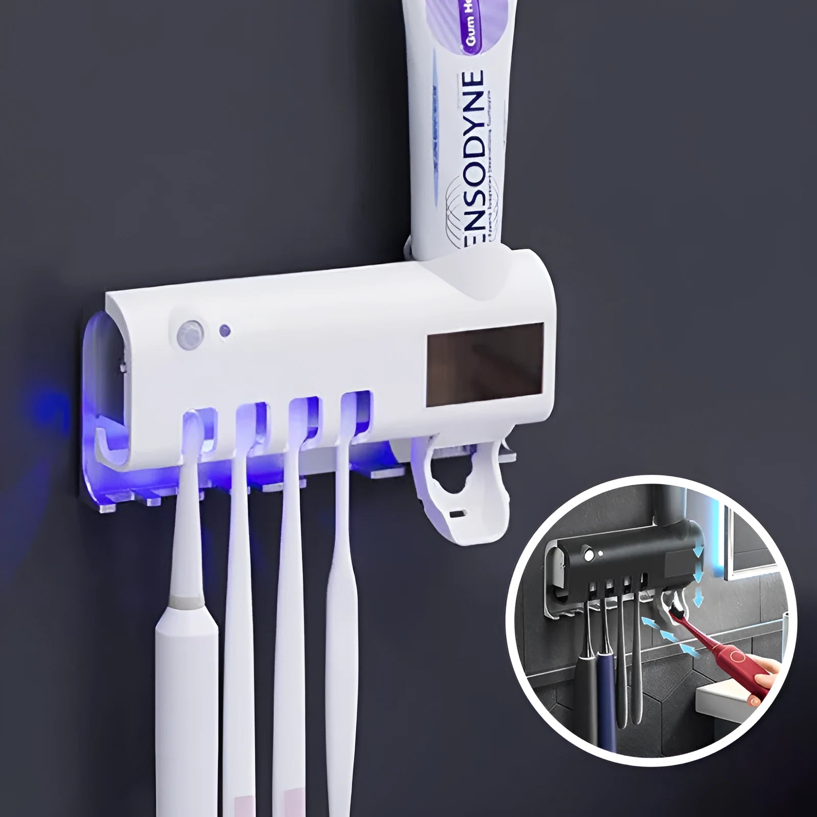Smart UV toothbrush steriliser with automatic toothpaste squeezer in wall-mounted white design