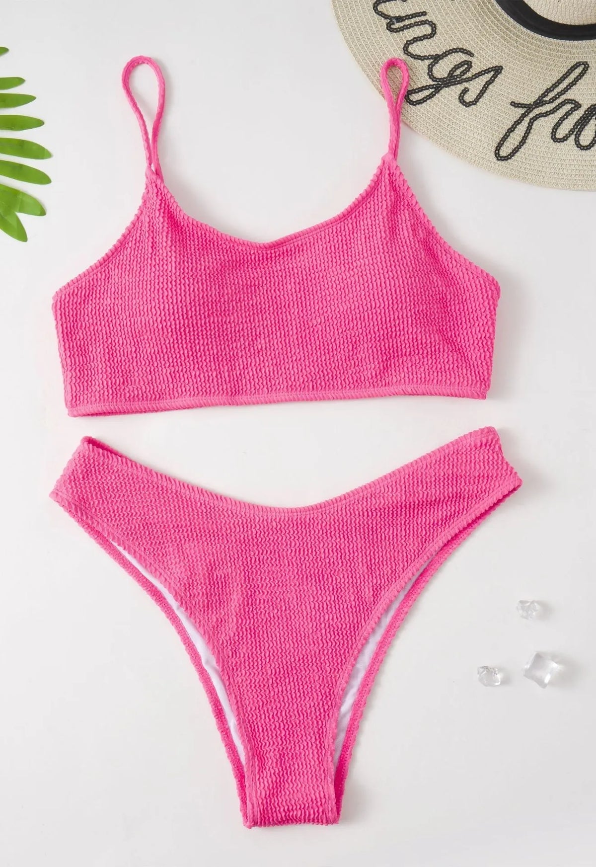 Plus-size pink two-piece bikini swimsuit with chest pad, sizes L to 4XL, 82% polyester