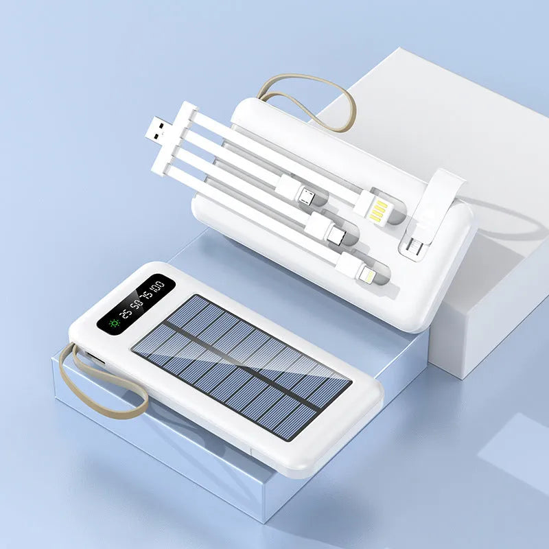 Solar Super Capacity Power Bank in black or white, showing compact size and integrated solar panel on front.